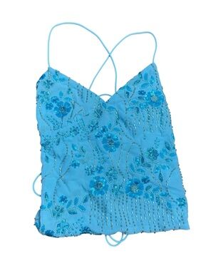 Blue Beaded Floral Spaghetti Strap Tank open back y2k Top size M